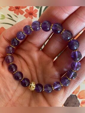 Handcrafted Purple Amethyst Beaded Bracelet with Gold Accents